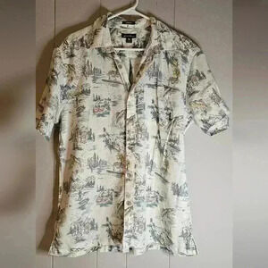 Eddie Bauer White Fishing Print Collared Shirt Classic Fit Large
